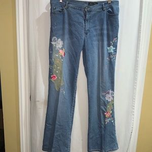 Lana Erica floral embroidered straight leg jeans Sz 14 mesh sequins